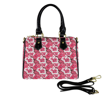 Pink Hibiscus Purse Handbag, Floral Flowers Women Ladies Print Canvas and Leather Barrel Type Designer Accessory Shoulder Crossbody Bag Gift