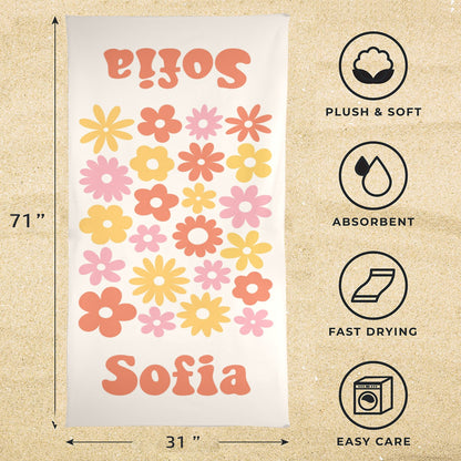 Custom Personalized Beach Towel, Name Retro Daisy Groovy Floral Microfiber Large Swim Quick Dry Kids Adult Men Women Cotton Blanket Gift