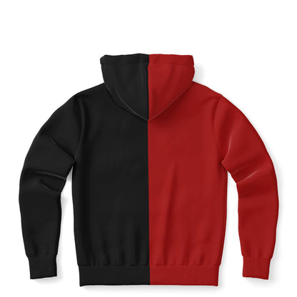 Half Black Half Red Zip Up Hoodie, Two Tone Color Split Full Zipper Pocket Men Women Unisex Adult Graphic Cotton Fleece Hooded Sweatshirt