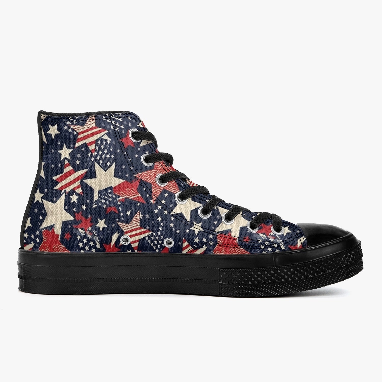 Red White Blue Stars High Top Shoes Sneakers, Men Women America USA Flag Stripes Black Lace Up Footwear Rave Canvas Streetwear Designer Starcove Fashion
