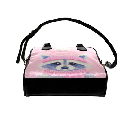 Pink Raccoon Purse, Cute Animal Print Small Shoulder Black Vegan Leather Women Ladies Designer Zipper Strap Handbag Crossbody Bag