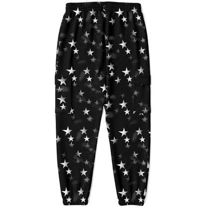 Stars Cargo Pants with Flap Pockets, Black White Men Women Guys Fleece Joggers Sweatpants Fun Comfy Cotton Sweats Streetwear