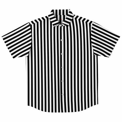 Black and White Vertical Striped Men Button Up Shirt, Short Sleeve Print Casual Buttoned Down Summer Male Guys Collared Designer Dress