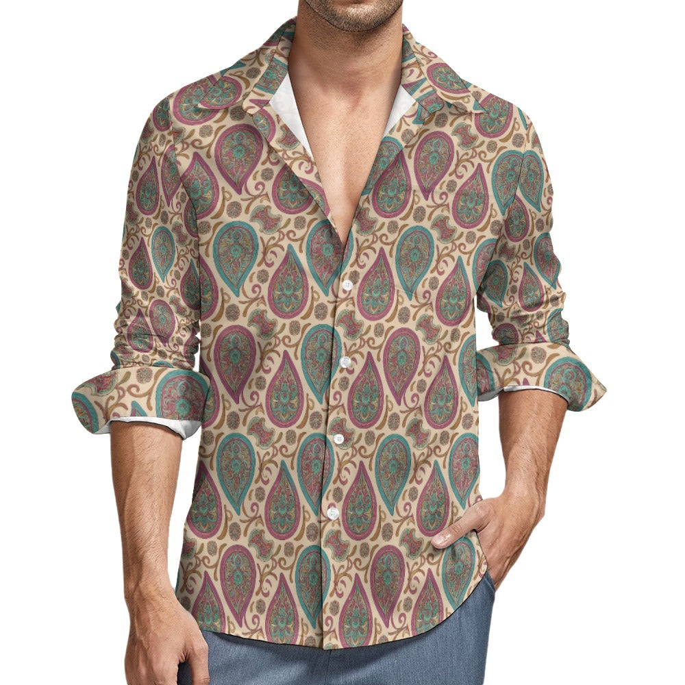 Paisley Long Sleeve Men Button Up Shirt, Vintage Retro Guys Male Print Buttoned Down Collared Graphic Casual Dress Plus Size Chest Pocket