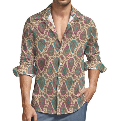 Paisley Long Sleeve Men Button Up Shirt, Vintage Retro Guys Male Print Buttoned Down Collared Graphic Casual Dress Plus Size Chest Pocket