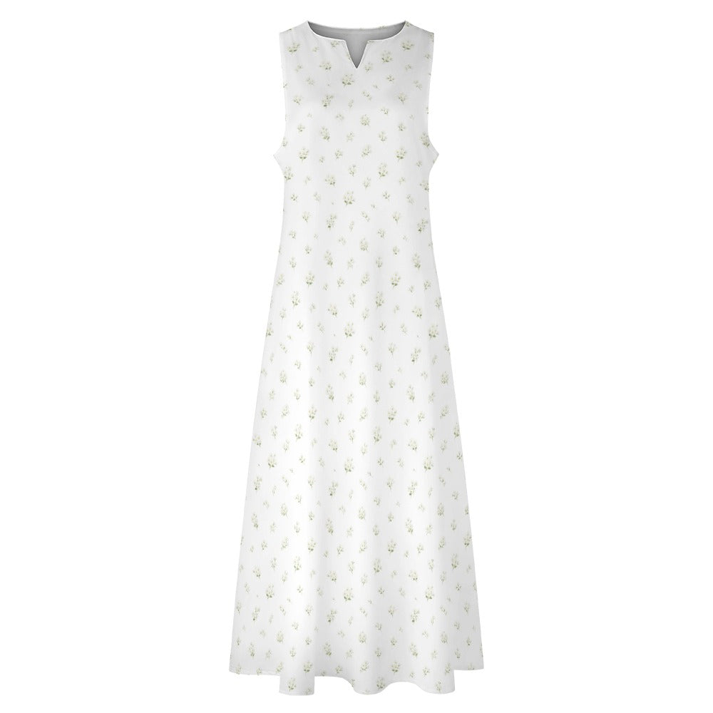 White Floral Maxi Sleeveless Dress, Flowers Party Handmade A Line Women Ladies Cocktail Pockets Long Plus Size Summer Wedding Sundress - Starcove Fashion
