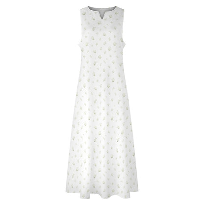 White Floral Maxi Sleeveless Dress, Flowers Party Handmade A Line Women Ladies Cocktail Pockets Long Plus Size Summer Wedding Sundress - Starcove Fashion