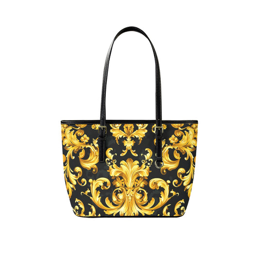 Black Gold Print Baroque Tote Bag Purse, Yellow Luxury Art Women Vegan Leather Handbag  Zip on Top Designer Handmade Shoulder Ladies Bag