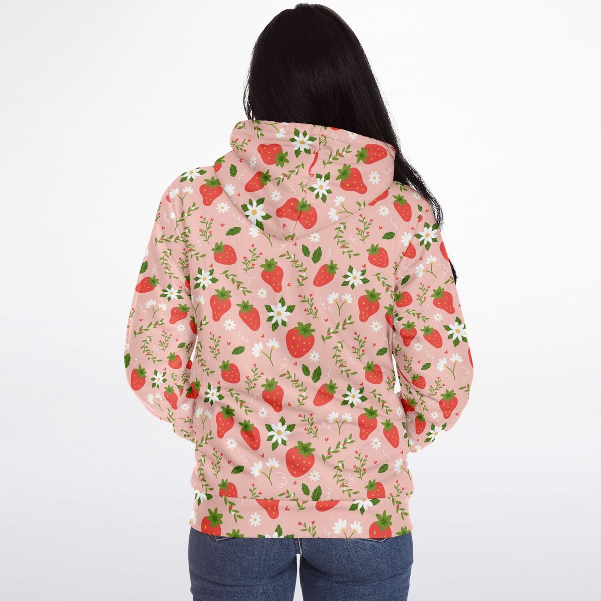 Strawberry Zip Up Fleece Lined Hoodie, Pink Floral Flowers Sherpa Heavyweight Full Zipper Men Women Unisex Graphic Hooded Sweatshirt Jacket