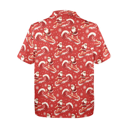 Christmas Hawaiian Men Shirt, Red Santa Claus Surfing Xmas Beach Print Vintage Aloha Hawaii Retro Tropical Plus Size Pocket Guys Button Down