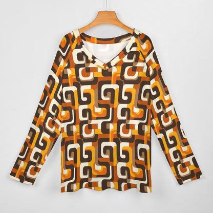 70s Geometric Women Long Sleeve Tshirt loose fit, Brown Orange Vintage Retro Relaxed V-neck Designer Aesthetic Ladies Female Tee Top Shirt