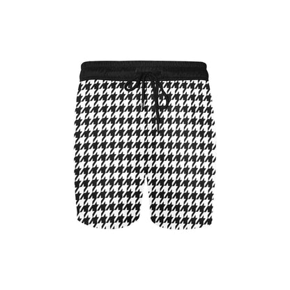 Houndstooth Men Mid Length Shorts, Black White Pattern Beach Swim Trunks with Pockets & Mesh Drawstring Boys Casual Bathing Suit Summer