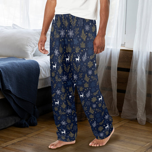 Navy Blue Christmas Men Pajamas Pants, Reindeer Snowflakes Festive Trees Xmas PJ Pockets Sleep Lounge Trousers Guys Male Sleepwear Bottoms