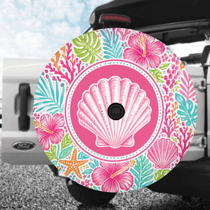 Pink Beach Spare Tire Cover, Sea Shell Ocean Coral Hibiscus White Tropical Wheel Backup Camera Hole Camping RV Back Women Trailer Waterproof - Starcove Fashion