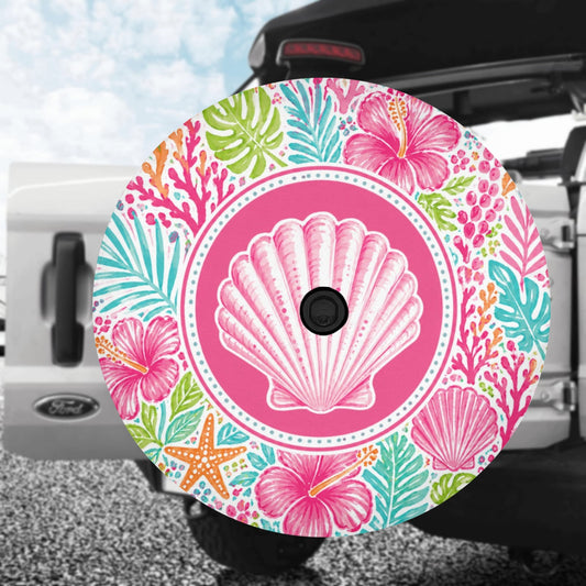 Pink Beach Spare Tire Cover, Sea Shell Ocean Coral Hibiscus White Tropical Wheel Backup Camera Hole Camping RV Back Women Trailer Waterproof
