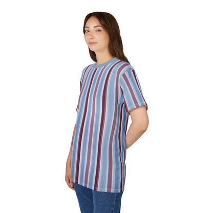Blue Burgundy Striped Tshirt, Vertical Stripe Designer Aesthetic Lightweight Heavyweight Crewneck Men Women Tee Top Short Sleeve Shirt
