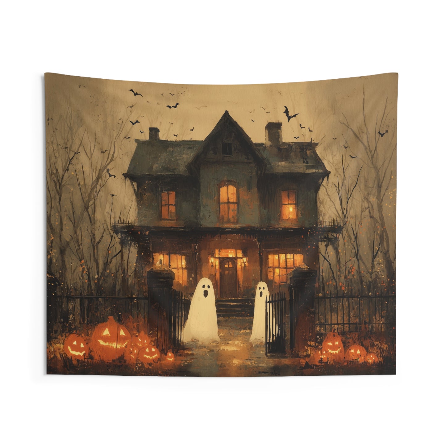 Halloween Tapestry, Haunted House Ghosts Pumpkins Spooky Bats Wall Art Hanging Horizontal Large Small Decor Bedroom College Dorm Room
