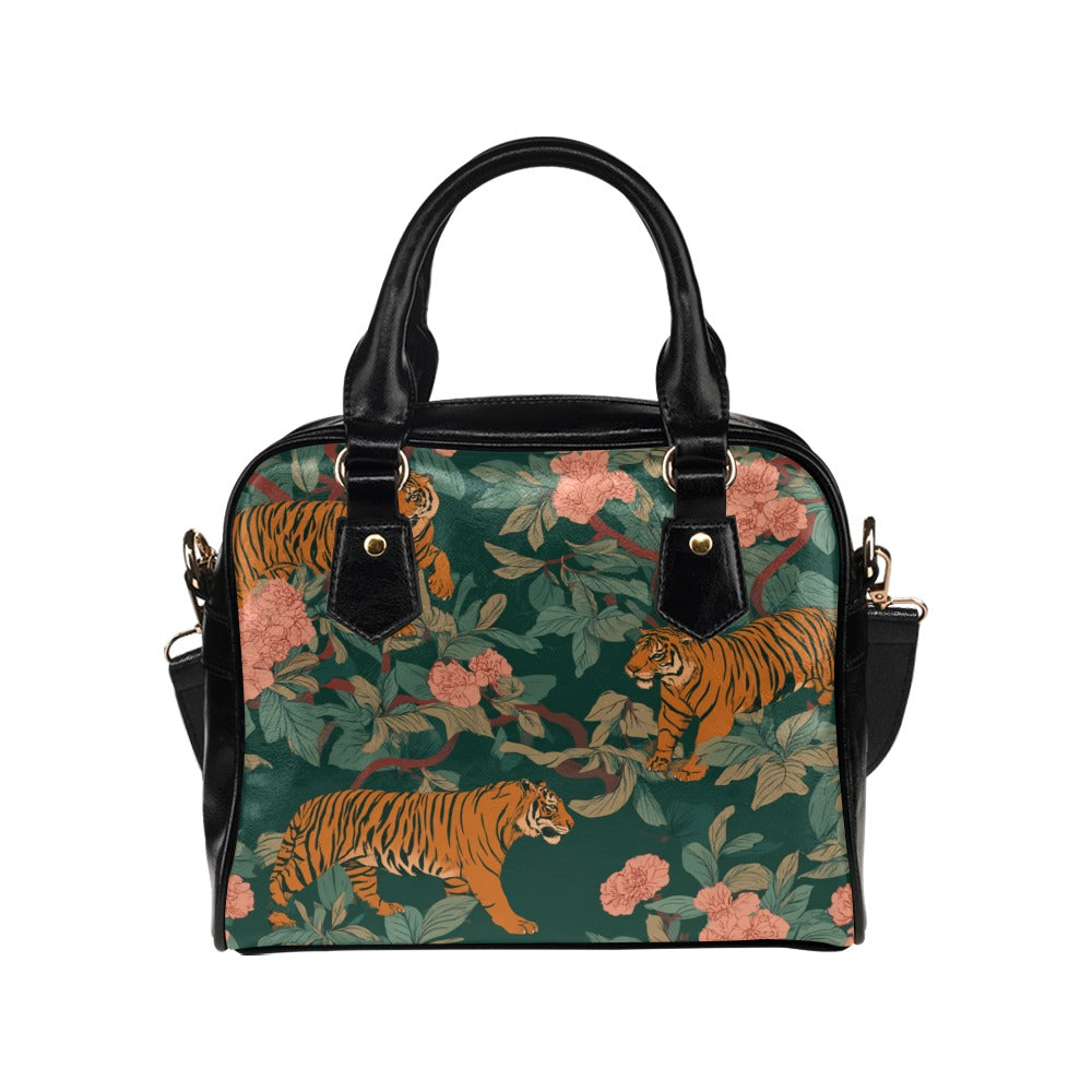 Tiger Purse, Animal Jungle Floral Flowers Print Panther Puma Pattern Cute Small Shoulder Bag Vegan Leather Women Designer Handbag Crossbody