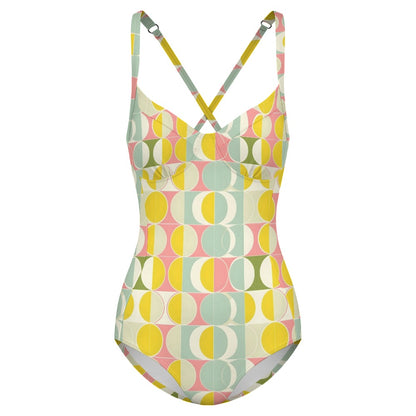 Mid Century Modern One Piece Swimsuit Women, Geometric Retro Vintage Cute Designer Swim Swimming Sexy Bathing Suits Body Ladies Swimwear