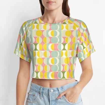 Mid Century Modern Crop Top Tshirt, Yellow Geometric Belly Tee Women Ladies Adult Cute Aesthetic Graphic Crewneck Festival Y2K Cropped Shirt