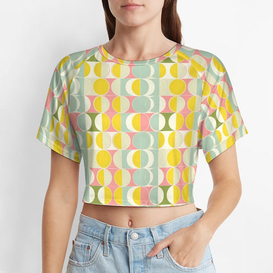 Mid Century Modern Crop Top Tshirt, Yellow Geometric Belly Tee Women Ladies Adult Cute Aesthetic Graphic Crewneck Festival Y2K Cropped Shirt