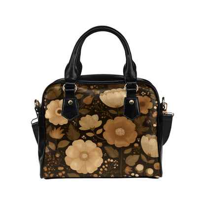 Brown Floral Purse, Flowers Fall Autumn Retro Pattern Cute Small Shoulder Zip Bag Vegan Leather Women Designer Handbag Crossbody Ladies