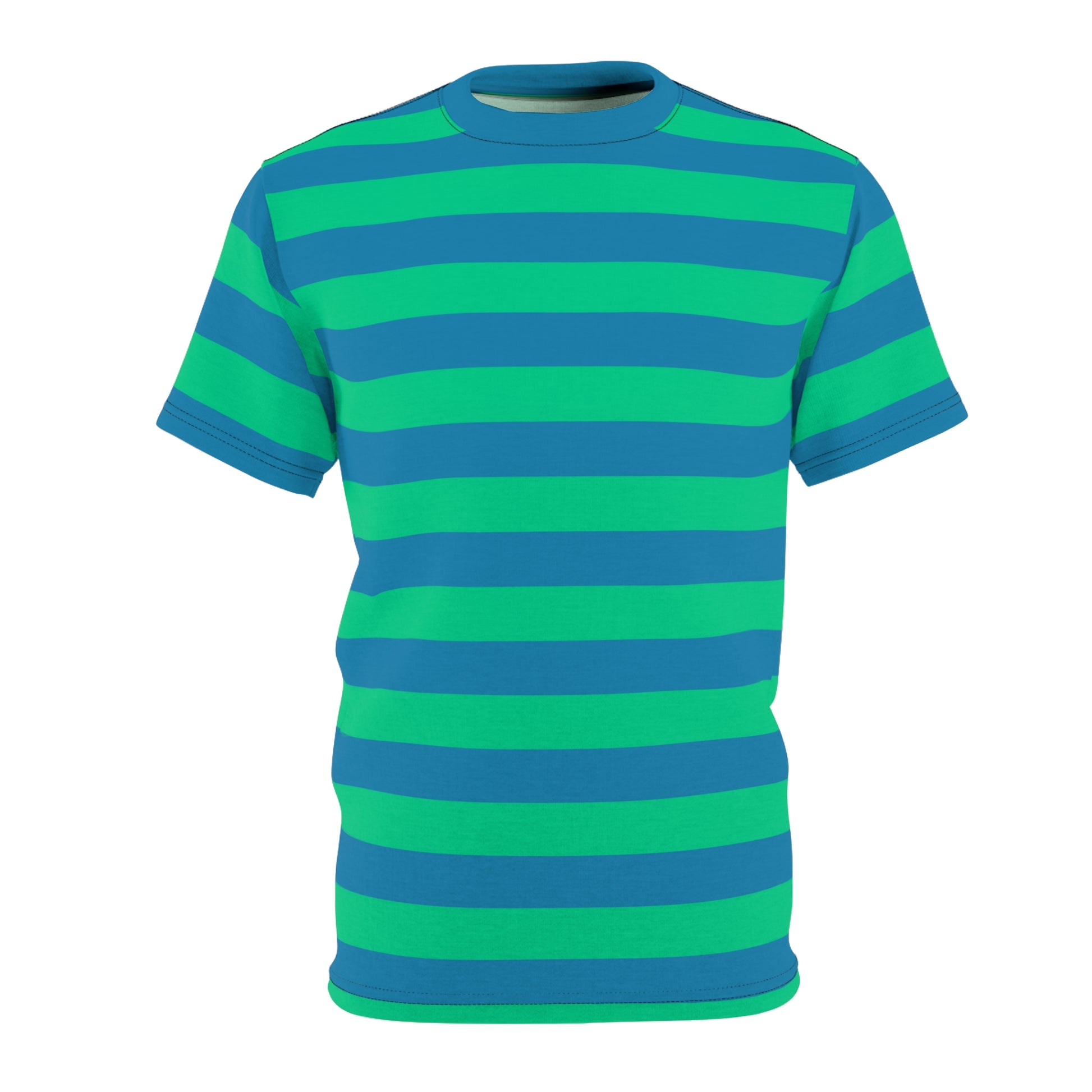 Green Blue Striped Tshirt, Bold Wide Designer Graphic Aesthetic