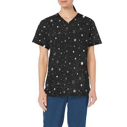Stars Medical Scrubs Top Women, Space Night Sky Ladies Female Plus Size Nursing Cute Printed Nurse Vet Veterinary Assistant Uniform Pockets - Starcove Fashion