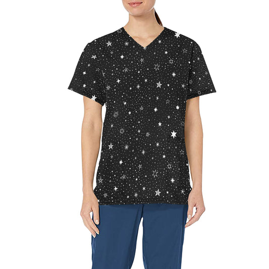 Stars Medical Scrubs Top Women, Space Night Sky Ladies Female Plus Size Nursing Cute Printed Nurse Vet Veterinary Assistant Uniform Pockets