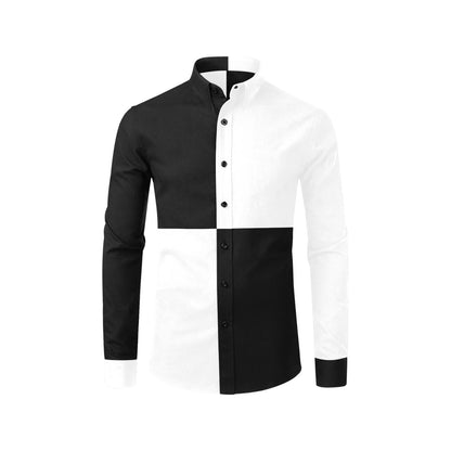 Black White Color Block Long Sleeve Men Button Up Shirt, Half Split Two Tone Combo Print Buttoned Collared Casual Male Dress Chest Pocket
