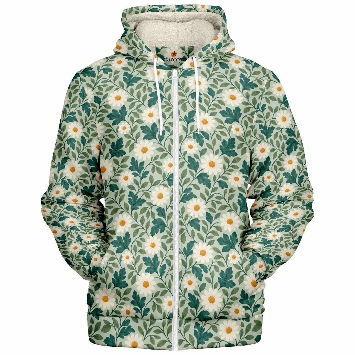 Daisy Zip Up Fleece Lined Hoodie, Floral Green Flowers Sherpa Heavyweight Full Zipper Pocket Men Women Unisex Hooded Sweatshirt Jacket