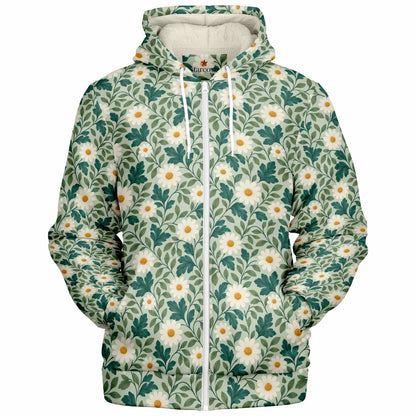 Daisy Zip Up Fleece Lined Hoodie, Floral Green Flowers Sherpa Heavyweight Full Zipper Pocket Men Women Unisex Hooded Sweatshirt Jacket