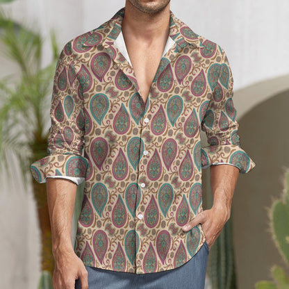 Paisley Long Sleeve Men Button Up Shirt, Vintage Retro Guys Male Print Buttoned Down Collared Graphic Casual Dress Plus Size Chest Pocket