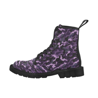 Black Purple Camo Women Canvas Boots, Camouflage Ladies Lace Up Vegan Shoes Festival Print  Ankle Combat Winter Casual Work Hiking