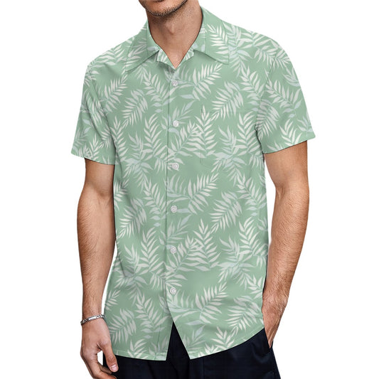 Mint Green Men Button Up Shirt, Tropical Leaves Light Short Sleeve Print Casual Buttoned Down Male Guys Collared Designer Dress Chest Pocket