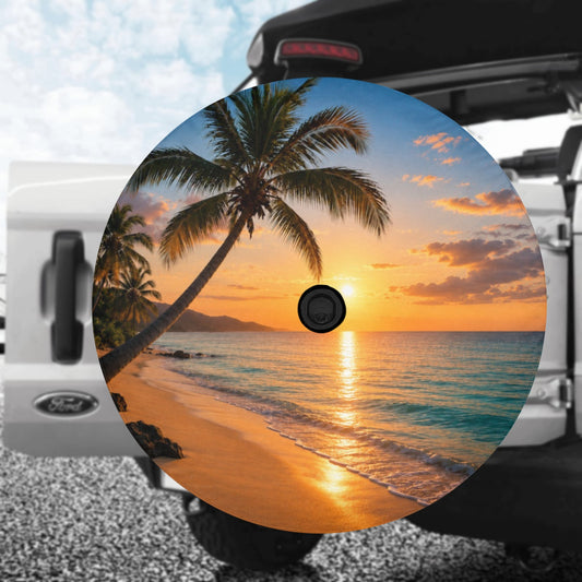 Beach Spare Tire Cover, Sunset Backup Camera Hole Rear Wheel Accessories Sun Tropical Palm Trees Waves Custom Unique Trailer Camper RV Back