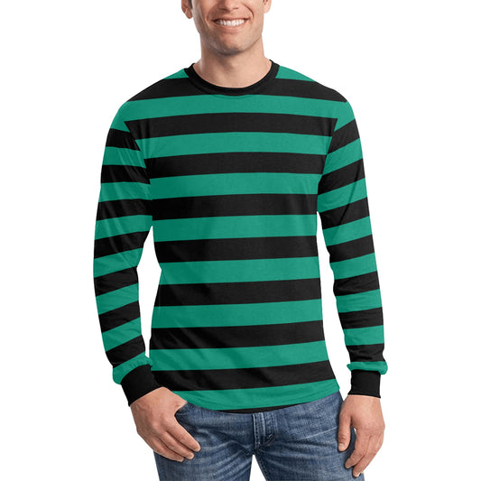 Black and Green Men Long Sleeve Striped TShirt, Kelly Green Graphic Vintage Retro Broad Stripes Crewneck Unisex Women Designer Male Guys Tee - Starcove Fashion