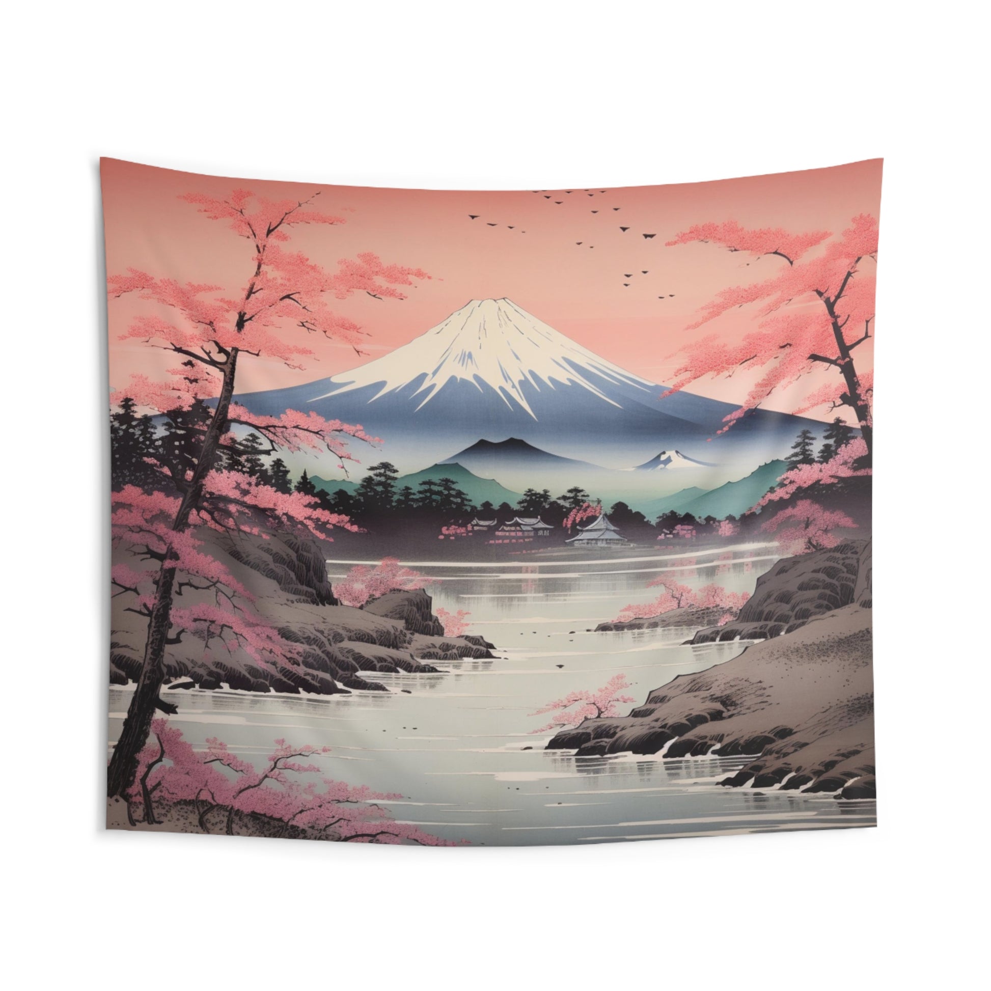 Japanese Tapestry, Mount Fuji Cherry Blossoms Pink Wall Art Hanging Cool Unique Landscape Aesthetic Large Small Bedroom College Dorm Starcove Fashion