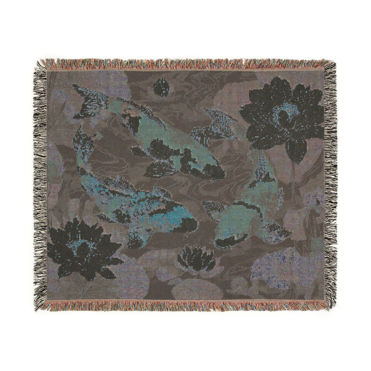 Koi Fish Woven Throw Blanket Tapestry, Japanese Lilly Pond Zen Cotton Fringe Cozy Warm Adult Kids Small Large Sofa Bed 50x60 Decorative