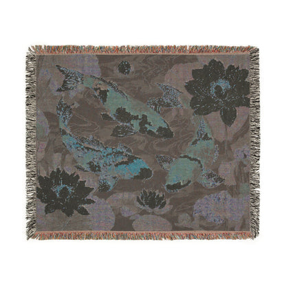 Koi Fish Woven Throw Blanket Tapestry, Japanese Lilly Pond Zen Cotton Fringe Cozy Warm Adult Kids Small Large Sofa Bed 50x60 Decorative
