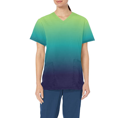 Blue Green Ombre Medical Scrubs Top Women, Gradient Tie Dye Ladies Female Plus Size Nursing Nurse Vet Veterinary Assistant Uniform Pockets