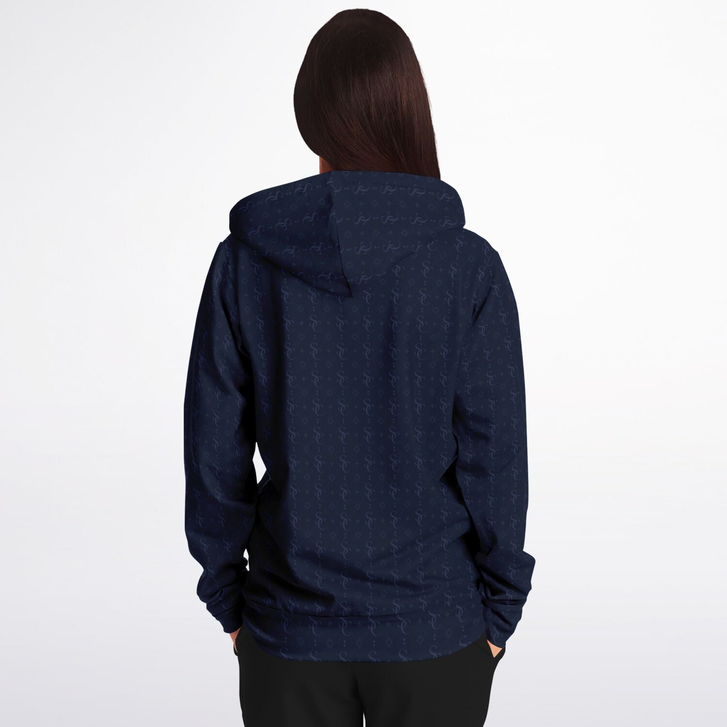 Navy Blue Zip Up Hoodie, Geometric Monogram Pattern Full Zipper Pocket Men Women Unisex Aesthetic Graphic Cotton Fleece Hooded Sweatshirt - Starcove Fashion