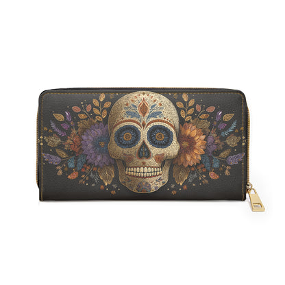 Sugar Skull Leather Wallet Women, Day of the Dead Flowers Vegan Zipper Zip Around Coins Credit Cards Pocket Cash Ladies Pouch Clutch Purse