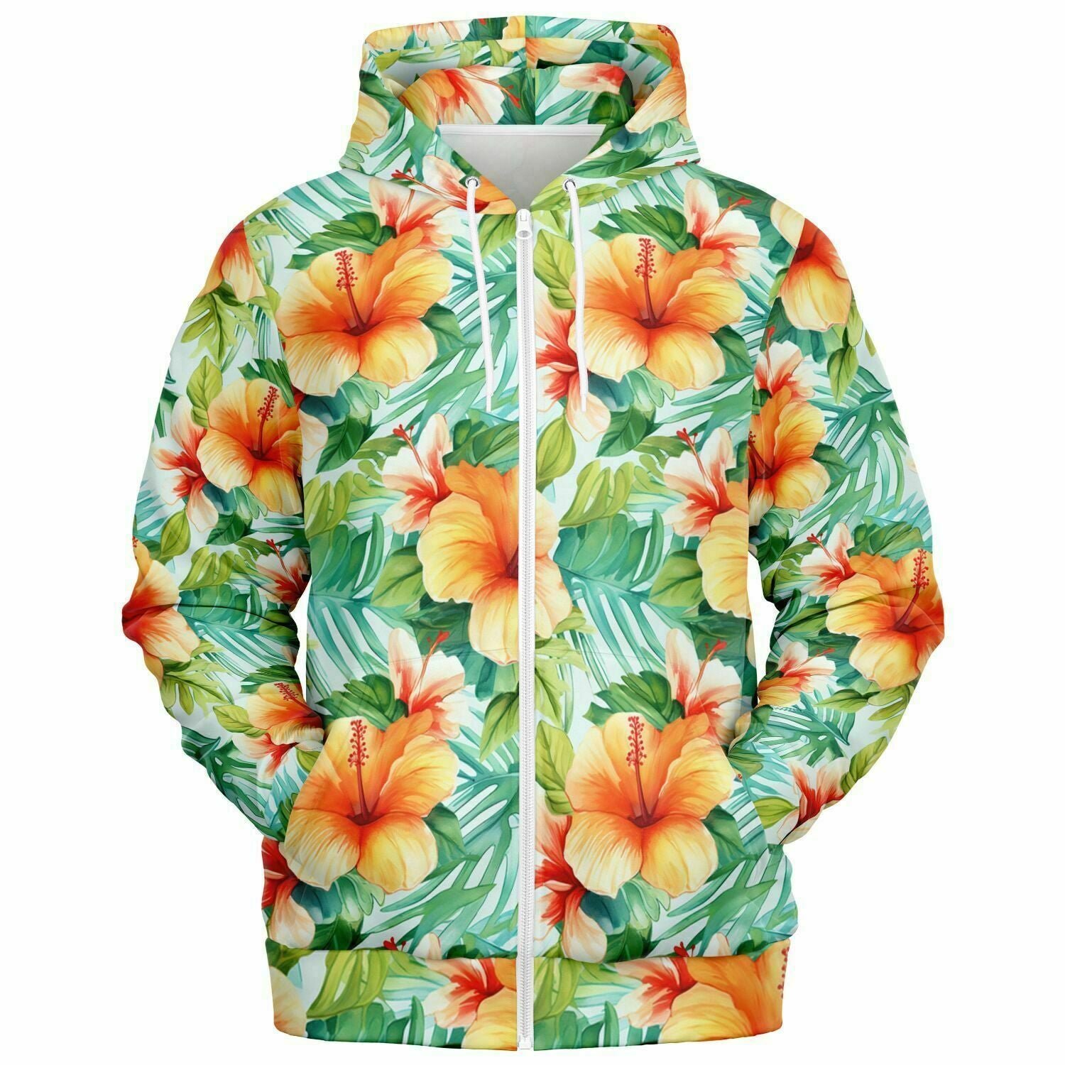 Flowers Zip Up Hoodie, Tropical Floral Green Front Zipper Pocket Men Women Unisex Adult Aesthetic Graphic Cotton Fleece Hooded Sweatshirt Starcove Fashion