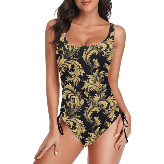 Baroque Black Gold One Piece Swimsuit for Women, Floral Flowers Ladies Hawaiian Cute Designer Luxury Swim Swimming Bathing Suits Swimwear