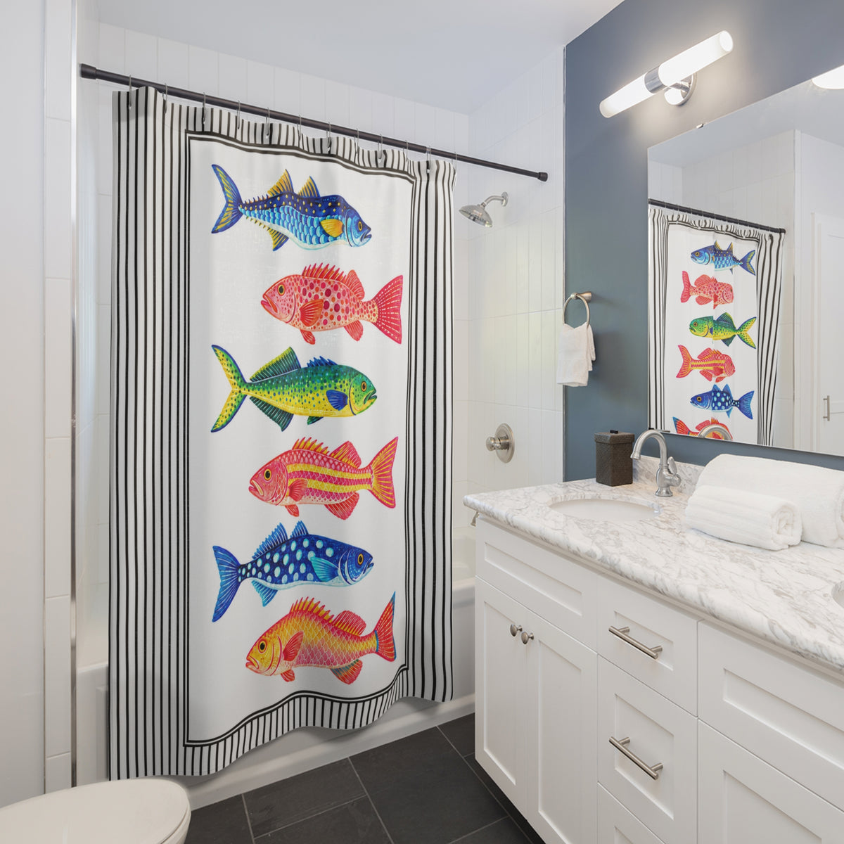 Coastal Fish Shower Curtain, Colorful Marine Life Black White Stripes Nautical Bathroom Decor Beach House Ocean Housewarming Gift 71" x 74"