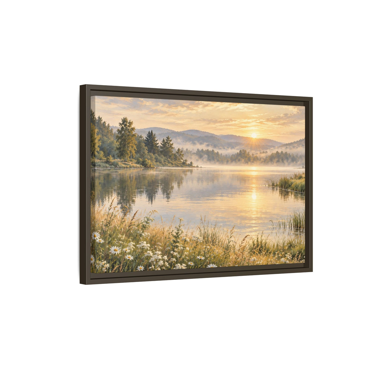 Misty Meadow Lake Wood Framed Canvas, Wildflower Farmhouse Wall Art Print Artwork Decor Small Large Hanging Matte Landscape Square Poster
