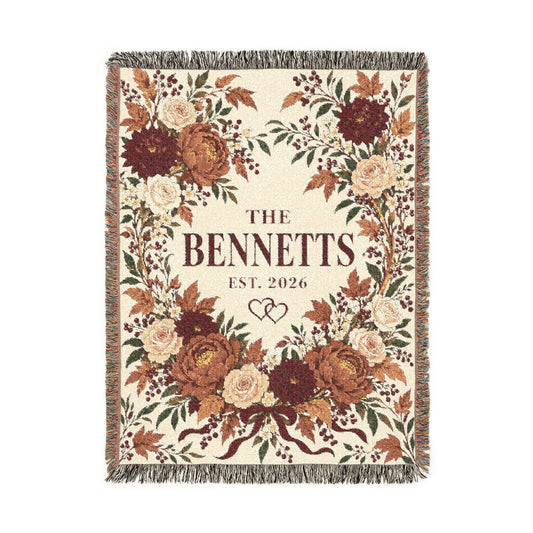 Custom Couples Woven Blanket Tapestry, Fall Autumn Floral Rose Throw Personalized Name Wedding Anniversary Family Cotton Small Large Wall