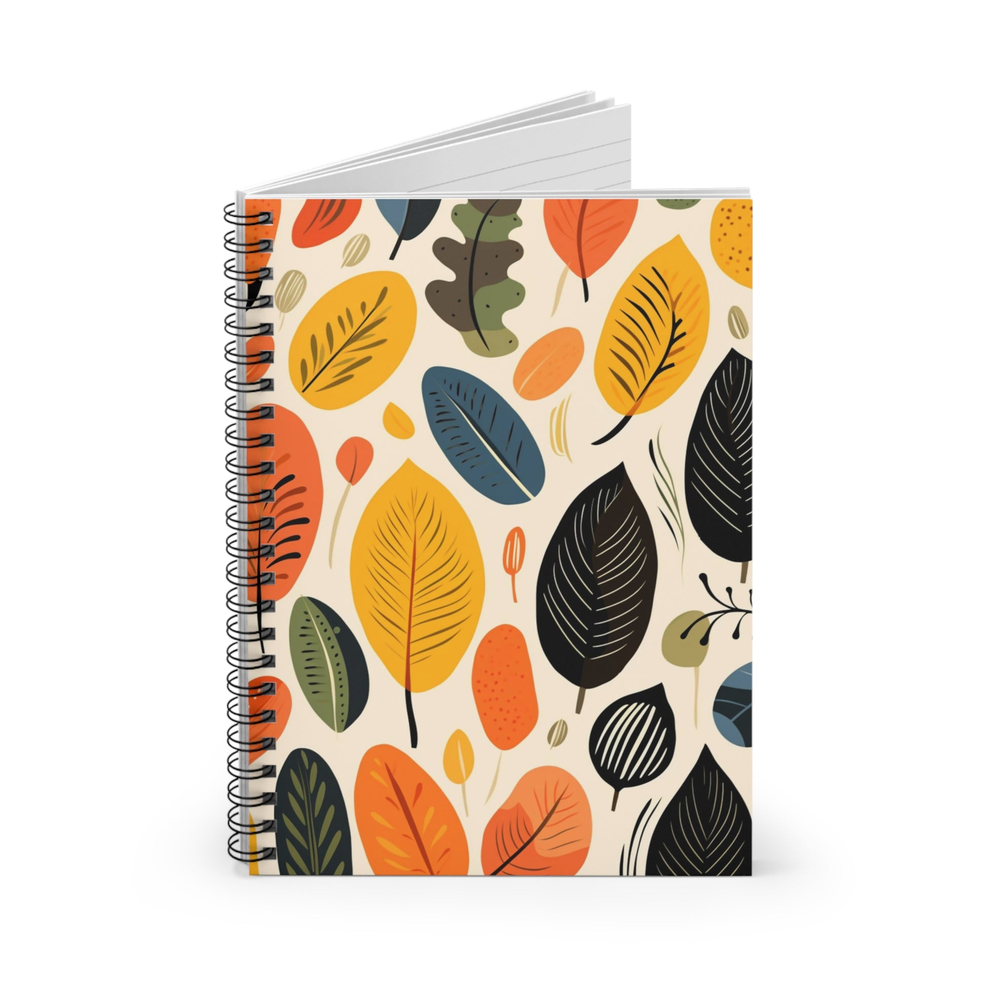 Boho Leaves Spiral Bound Notebook, Earthy Travel Pattern Design Small Journal Notepad Ruled Line Book Paper Pad Work Aesthetic Starcove Fashion