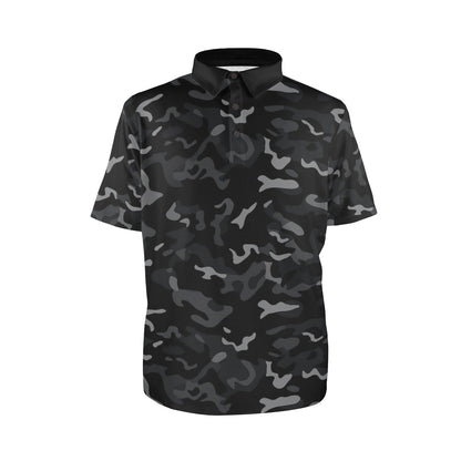 Black Camouflage Men Polo Collared Shirt, Camo Pattern Casual Summer Guys Buttoned Down Up TShirt Short Sleeve Sports Golf Tee
